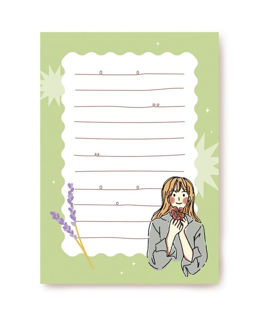 Illustrated letter paper with a girl in grey holding a lavender sprig on green background