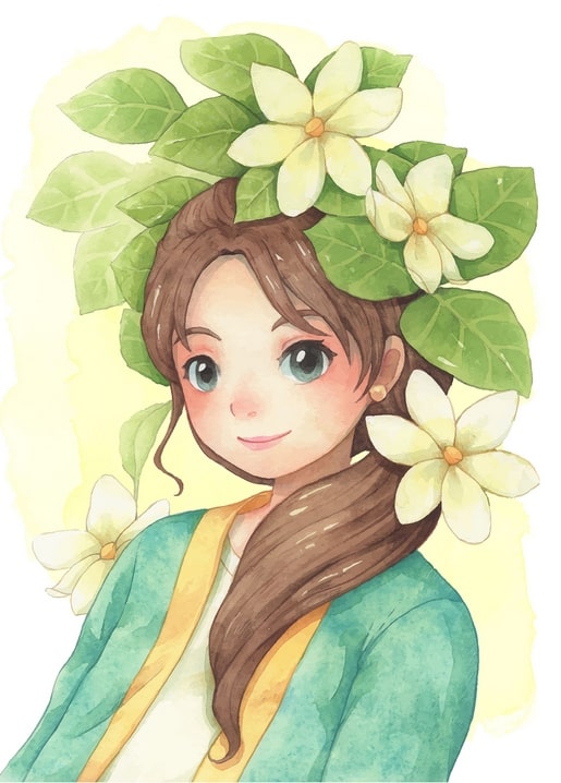 Illustrated portrait of a girl with a crown of green leaves and white flowers