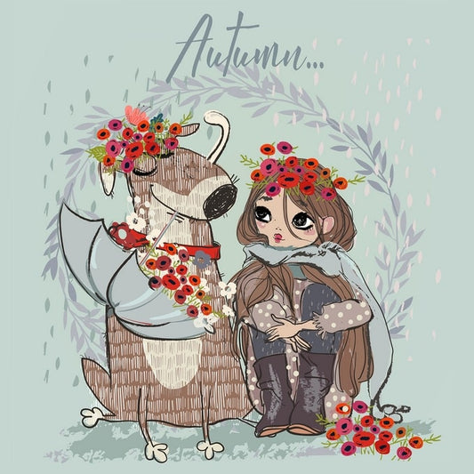 Illustration of a girl and a whimsical llama both wearing red poppy flower crowns in autumn rain