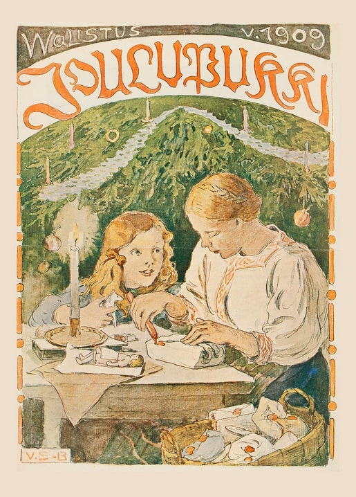Вінтажна ілюстрація 1909 року: дівчинка і жінка загортають подарунки при свічці біля ялинки