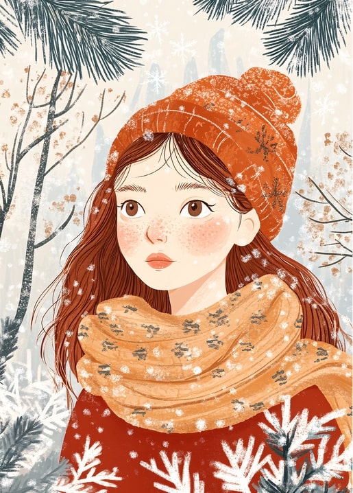 Illustration eines Mädchens mit oranger Strickmütze und Schal im Schneefall
