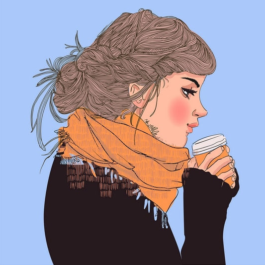 Line-art portrait of a young woman in an orange scarf sipping coffee from a paper cup on blue background