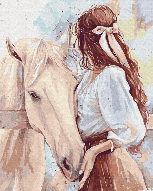 Mädchen lehnt an einem Palomino-Pferd, Malen-nach-Zahlen-Motiv