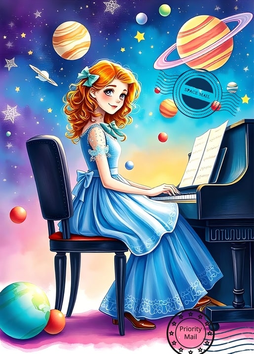 Mädchen im blauen Kleid spielt Klavier zwischen Planeten und Sternen