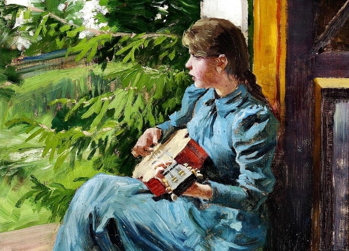 Young woman in a blue dress playing mandolin on a shaded porch, painting by Paul Gustave Fischer