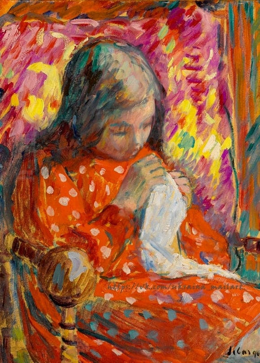 Henri Lebasque painting of a girl in a red polka-dot dress sewing a piece of white fabric.