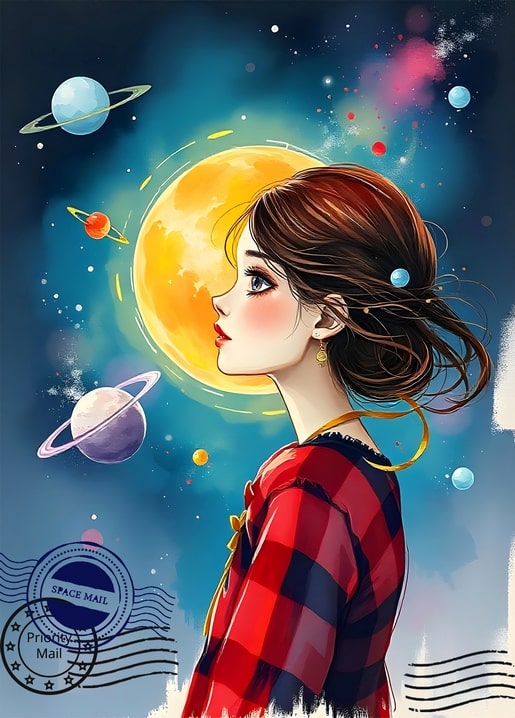 Mädchen im Profil vor einem riesigen Mond mit Ringplaneten im Hintergrund