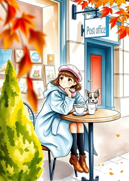 Girl in a pink beret with a small dog at a café table outside a post office in autumn