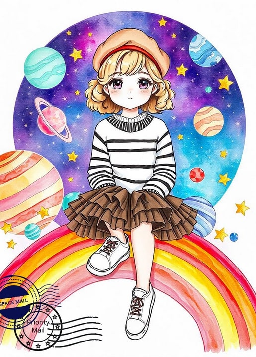 Illustration eines Mädchens mit Barett, das auf einem Regenbogen zwischen pastellfarbenen Planeten sitzt