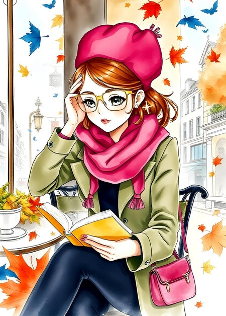 Illustrated girl in a pink beret reading a book at an autumn café table in Paris