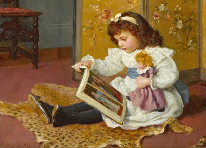 Victorian painting of a curly-haired girl reading a picture book while holding a doll