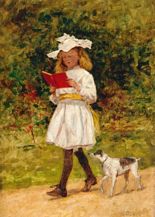 Painting of a girl in white reading a red book beside a terrier in a garden