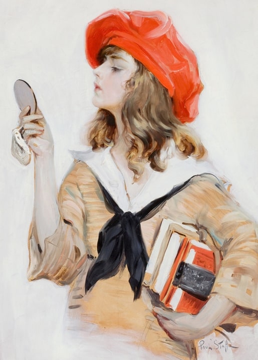 Paul Stahr illustration of a girl in a red beret looking into a compact mirror with books