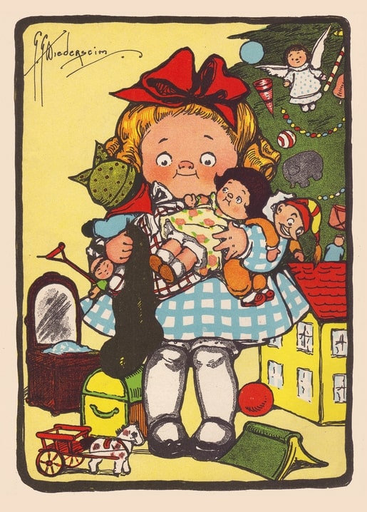 Vintage illustration of a girl with a red bow holding dolls beside a dollhouse and Christmas tree