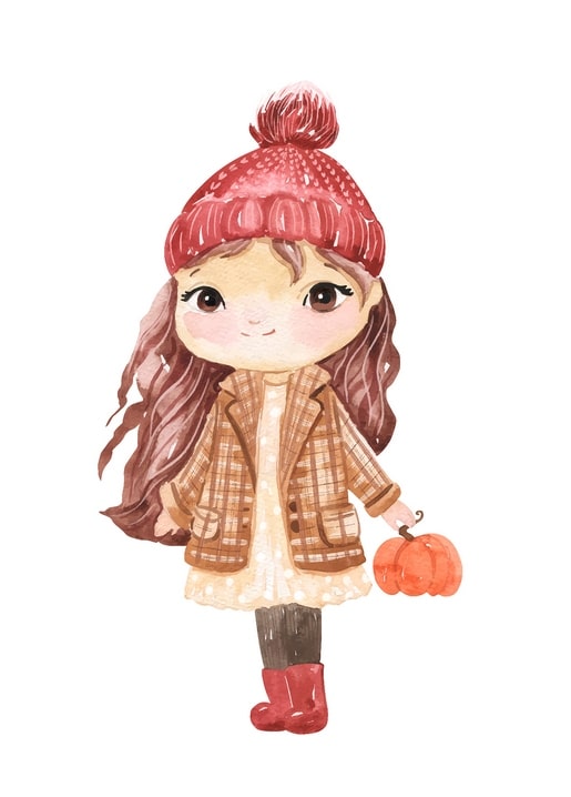 Watercolor girl in a red pompom hat and plaid coat holding a small pumpkin