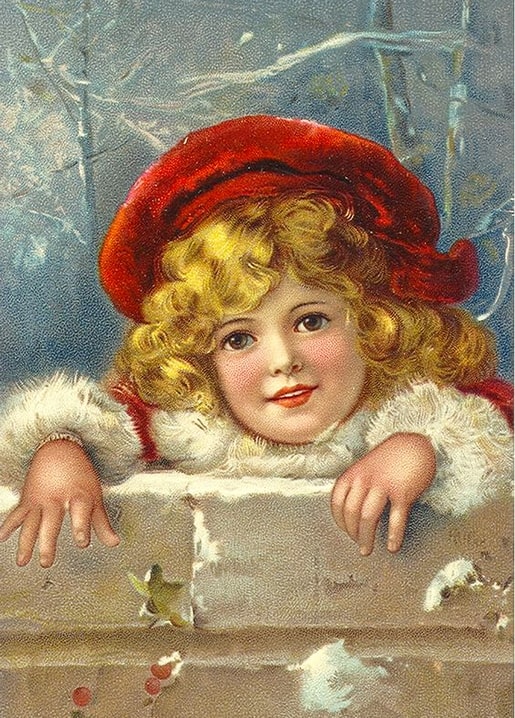 Vintage illustration of a girl in a red velvet hat peeking over a snowy stone wall
