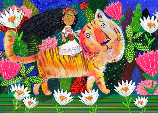 Illustration of a flower-crowned girl riding a tiger through tropical flowers, Frida Kahlo-style folk art