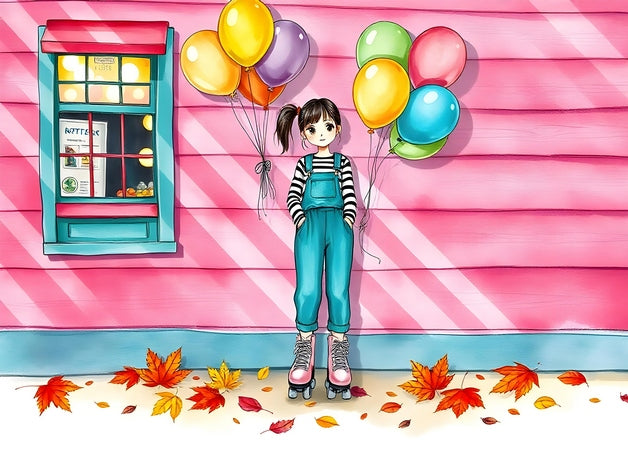 Illustrated postcard of a girl on roller skates holding colorful balloons by a pink striped wall