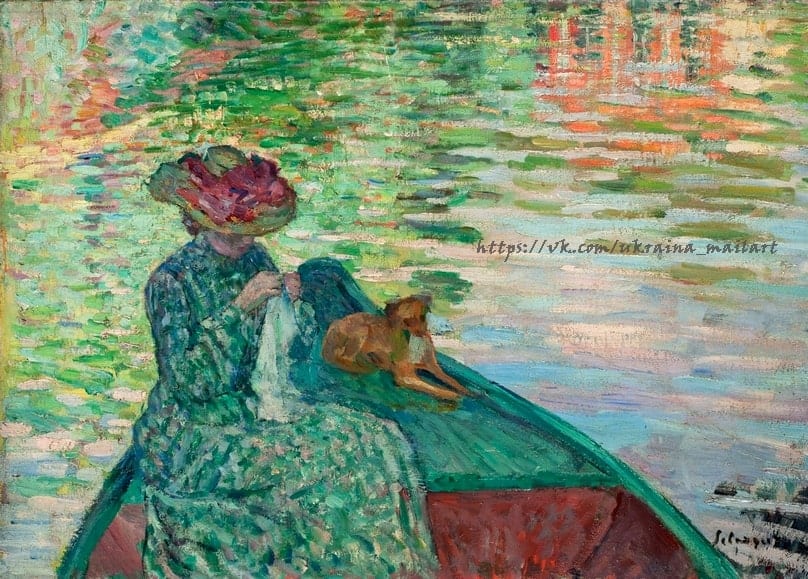 Картина Анрі Лебаска: дівчина шиє в зеленому човні, поруч її маленький пес