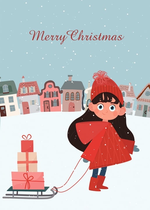 Girl in a red coat pulling a sled of gift boxes through a snowy town