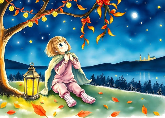 Girl wrapped in a blanket gazing at stars by lantern light, castle glowing across the lake