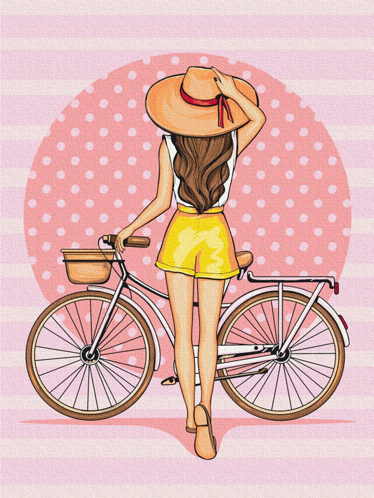 Rückansicht eines Mädchens mit Sonnenhut neben ihrem Fahrrad vor rosa gepunktetem Hintergrund