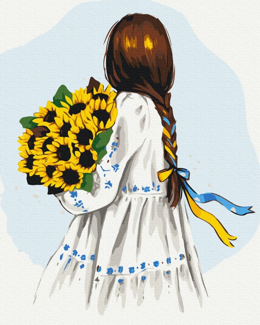 Girl in white vyshyvanka embroidery holding an armful of sunflowers, back view, 'Flowers of Ukraine'