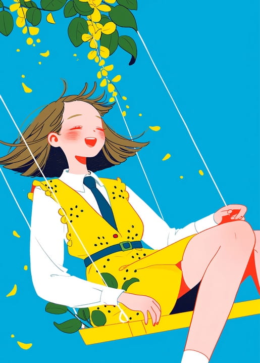 Illustration eines lachenden Mädchens auf einer Schaukel unter goldenem Blütenregen