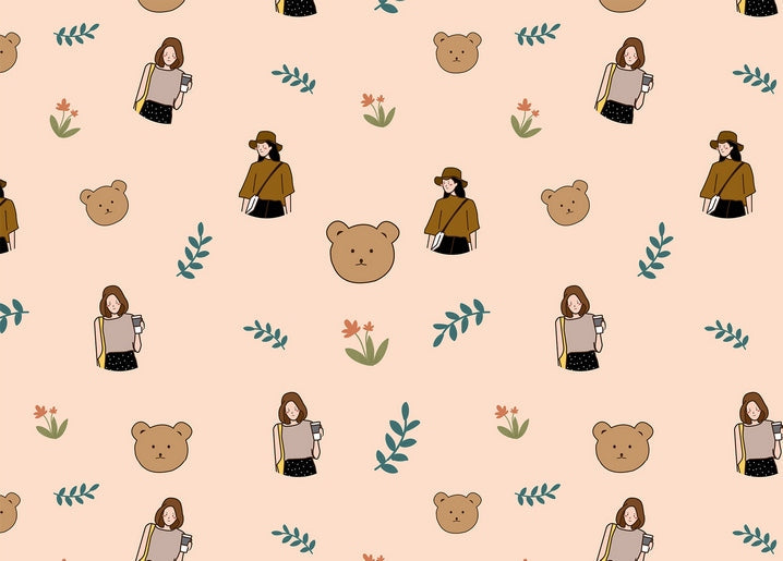 Seamless pattern of a girl with a tote bag and coffee, teddy bear faces and leaves on peach
