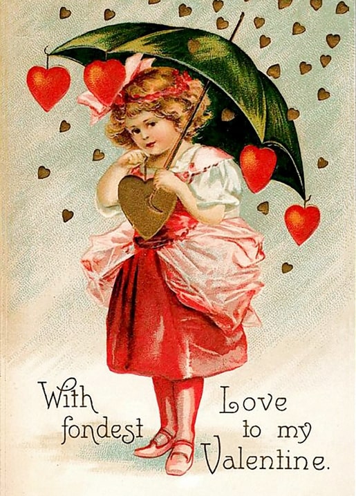 Girl in a pink dress under a green umbrella as red hearts fall around her, holding a heart charm.