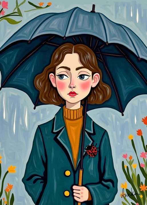 Illustrated postcard of a girl with an umbrella in the rain, ladybug on her coat, signed AnniKa