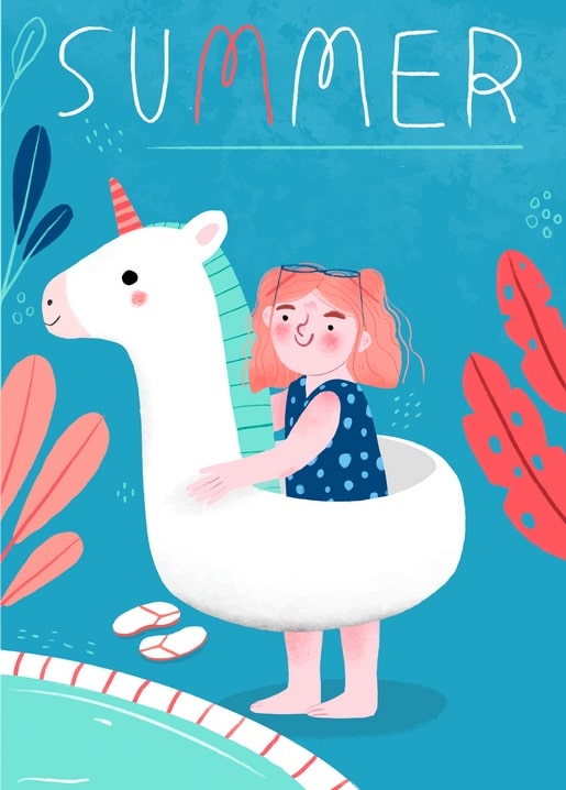 Girl standing in a white unicorn pool float with tropical leaves and 'Summer' text