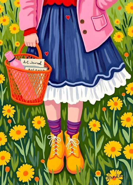 Illustrated postcard of a girl in a pink coat holding a basket in a field of yellow wildflowers