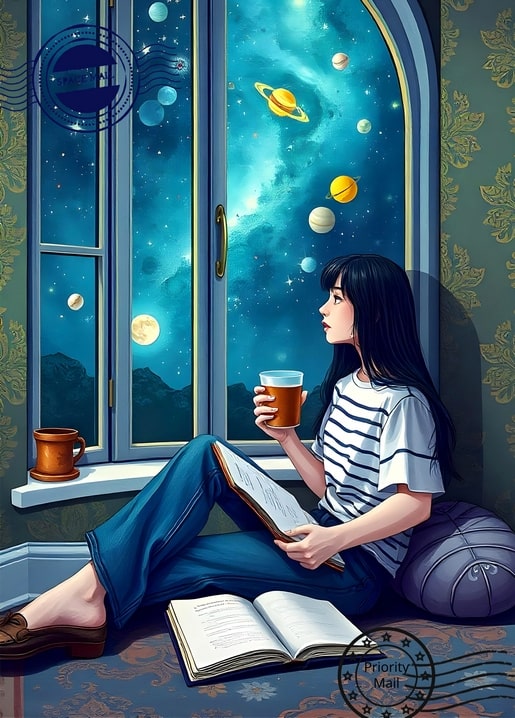 Mädchen sitzt mit Tee und Buch auf der Fensterbank und blickt durch die Scheibe auf Planeten und Sterne