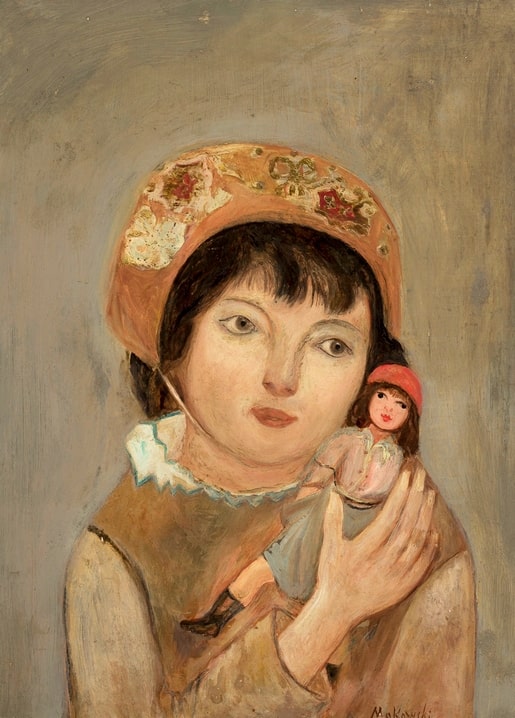 Gemälde von Tadeusz Makowski: Mädchen im Blumenhäubchen hält eine Puppe