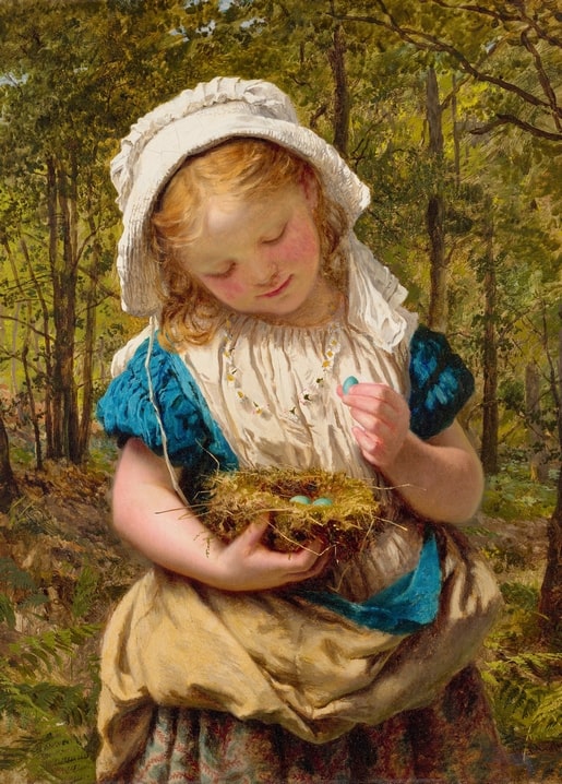Gemälde von Sophie Anderson: Mädchen mit Haube hält ein Nest mit blauen Eiern