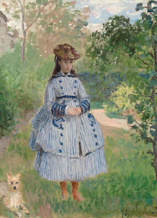 Painting by Claude Monet of a girl in a striped dress with a small dog in a garden