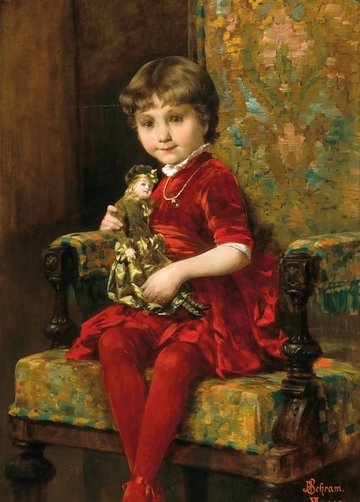 Painting of a girl in a red dress holding a doll while seated in a patterned armchair