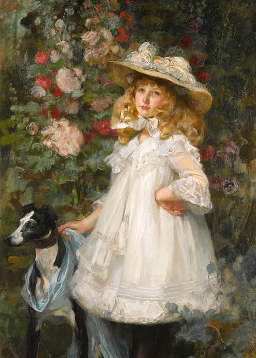 Painting of a girl in a straw hat among roses, resting her hand on a black-and-white greyhound