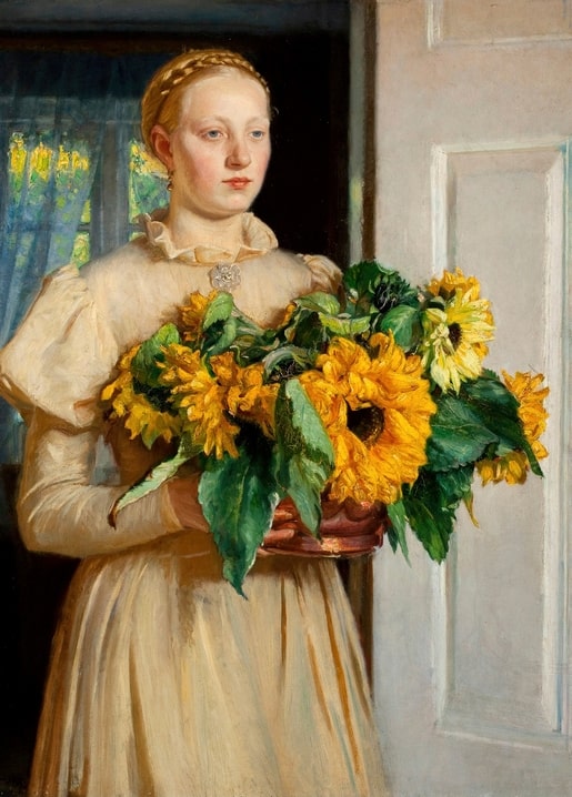 Painting of a young woman in a cream dress holding a basket of sunflowers, by Michael Ancher