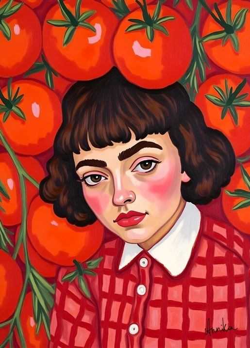 Illustration of a dark-haired girl in a red gingham shirt surrounded by ripe tomatoes