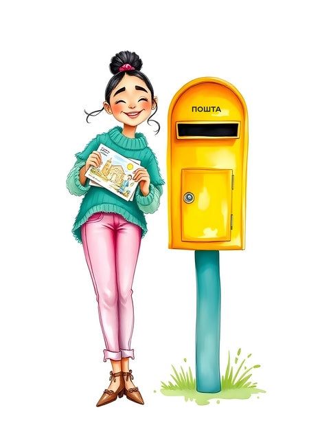 Smiling girl holding a postcard next to a bright yellow mailbox