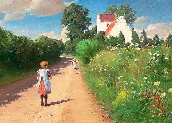 Two girls walk a country road toward a white church with a red roof and wildflower meadow