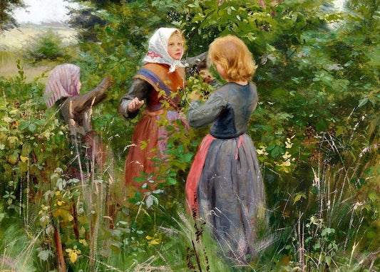 Three girls in traditional dress picking berries from a green hedgerow
