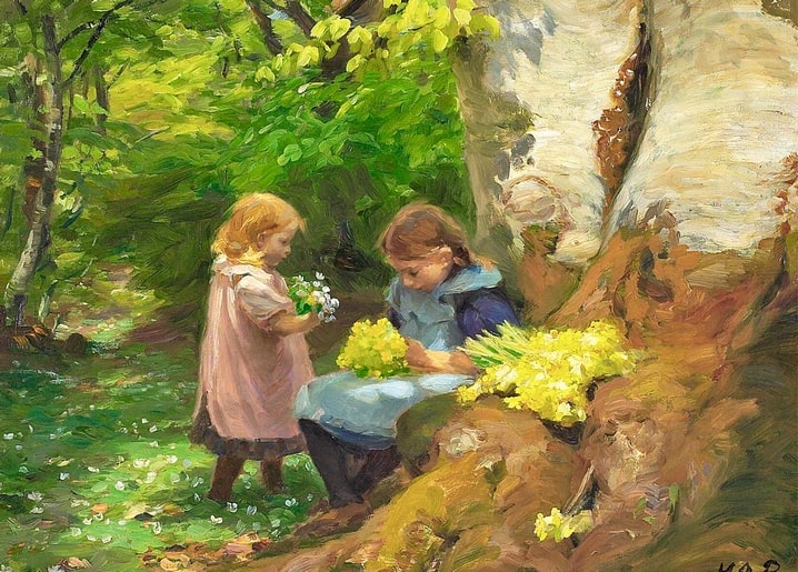 Toddler and girl gathering anemones and primroses under a birch in spring, painting by Brendekilde