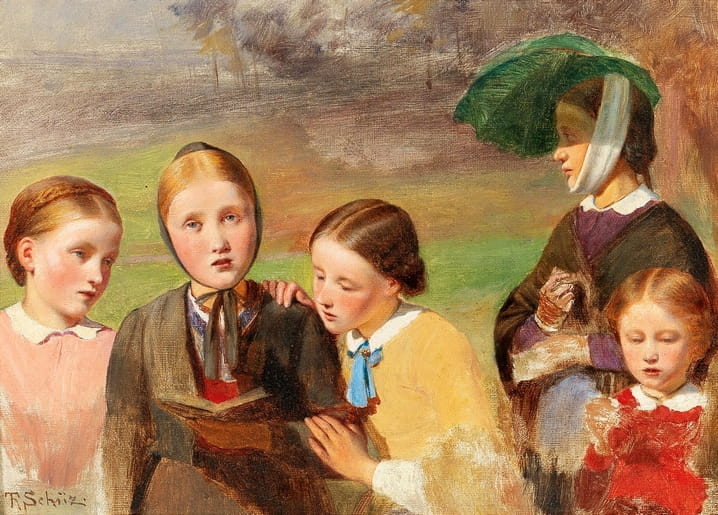Vintage-Gemälde: Mädchen lesen im Garten, eine Frau hält einen grünen Sonnenschirm