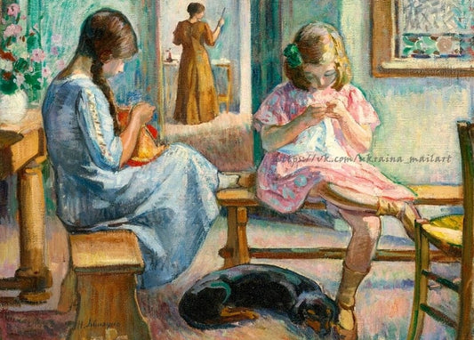 Henri Lebasque painting of two girls sewing indoors beside a sleeping black dog