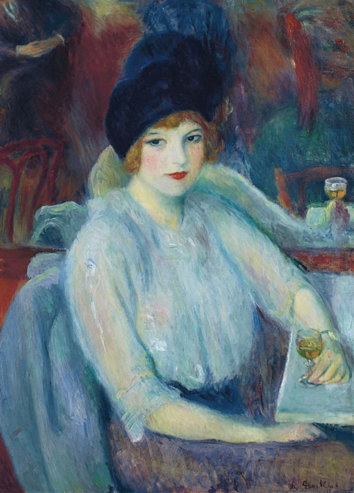 William James Glackens portrait of Kay Laurell in a fur hat holding a wine glass at Café Lafayette