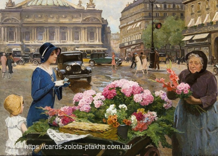Gemälde von Louis De Schryver: Blumenverkäuferin mit Gladiolen vor der Pariser Oper mit Autos