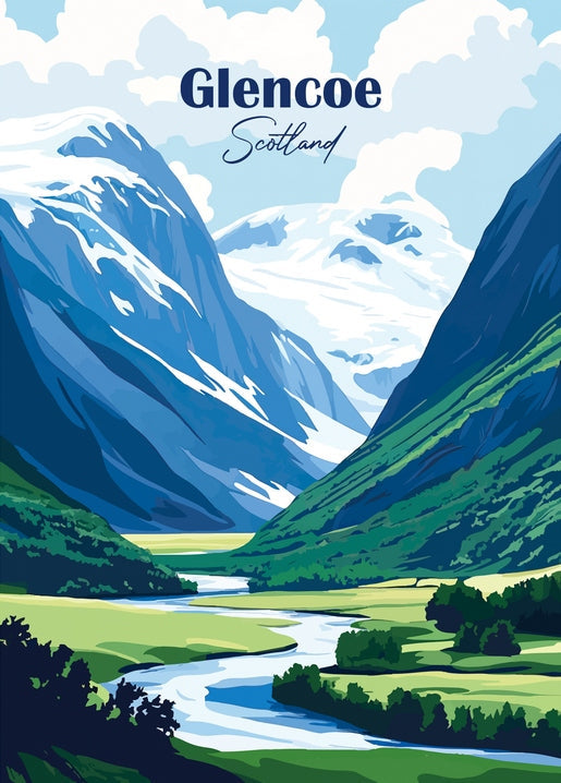 Retro-Reiseposter mit schneebedeckten Bergen und Flusstal in Glencoe, Schottland